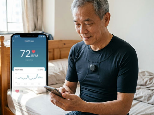 長者穿著健康監測智慧衣同時查看手機應用程式數據