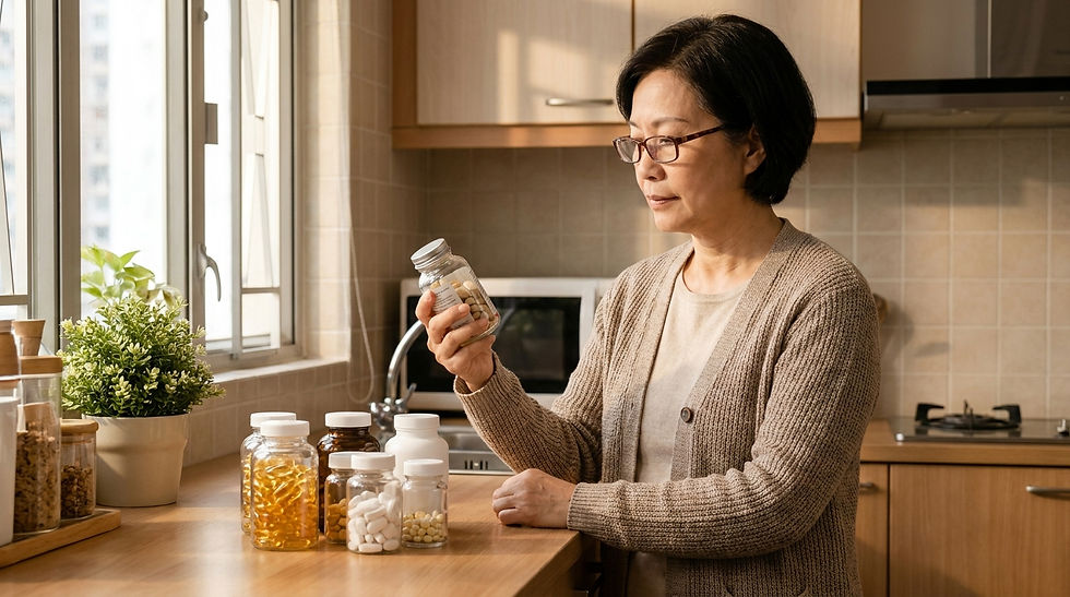 中老年保健品 香港 — 展示常見中老年保健品選購選項，包括魚油、維他命D及益生菌等產品