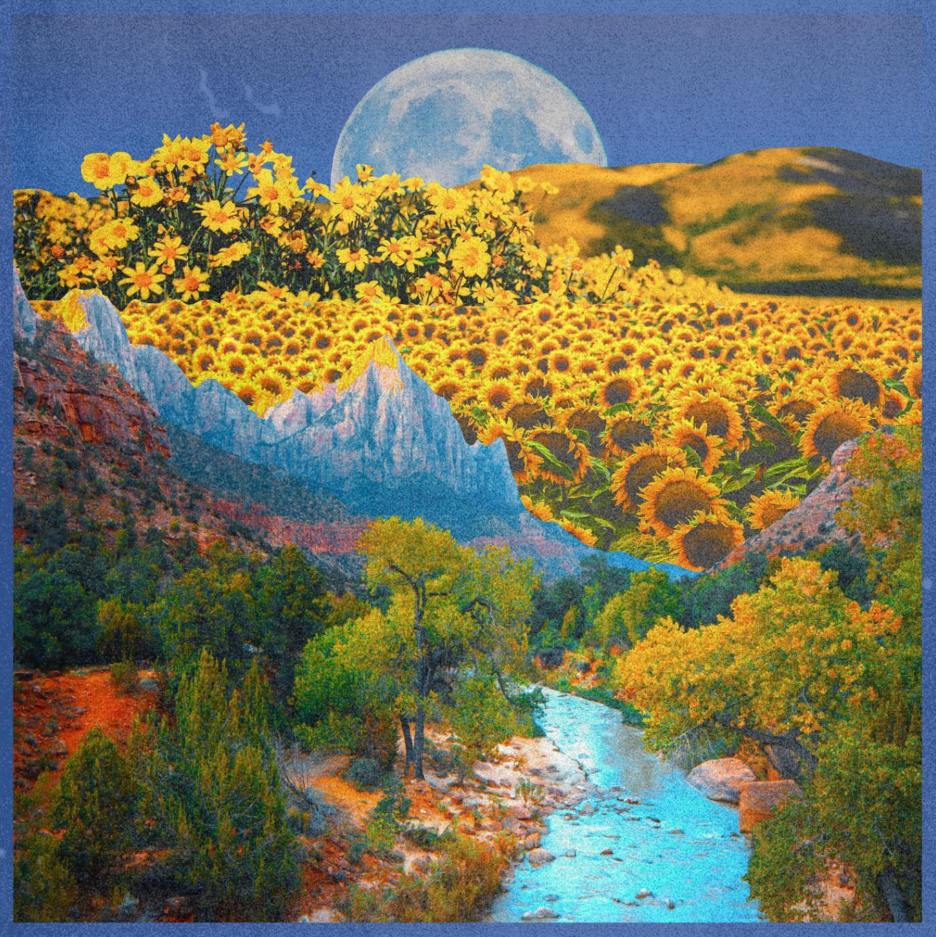 Vintage album cover showing a collage of landscapes and a moon