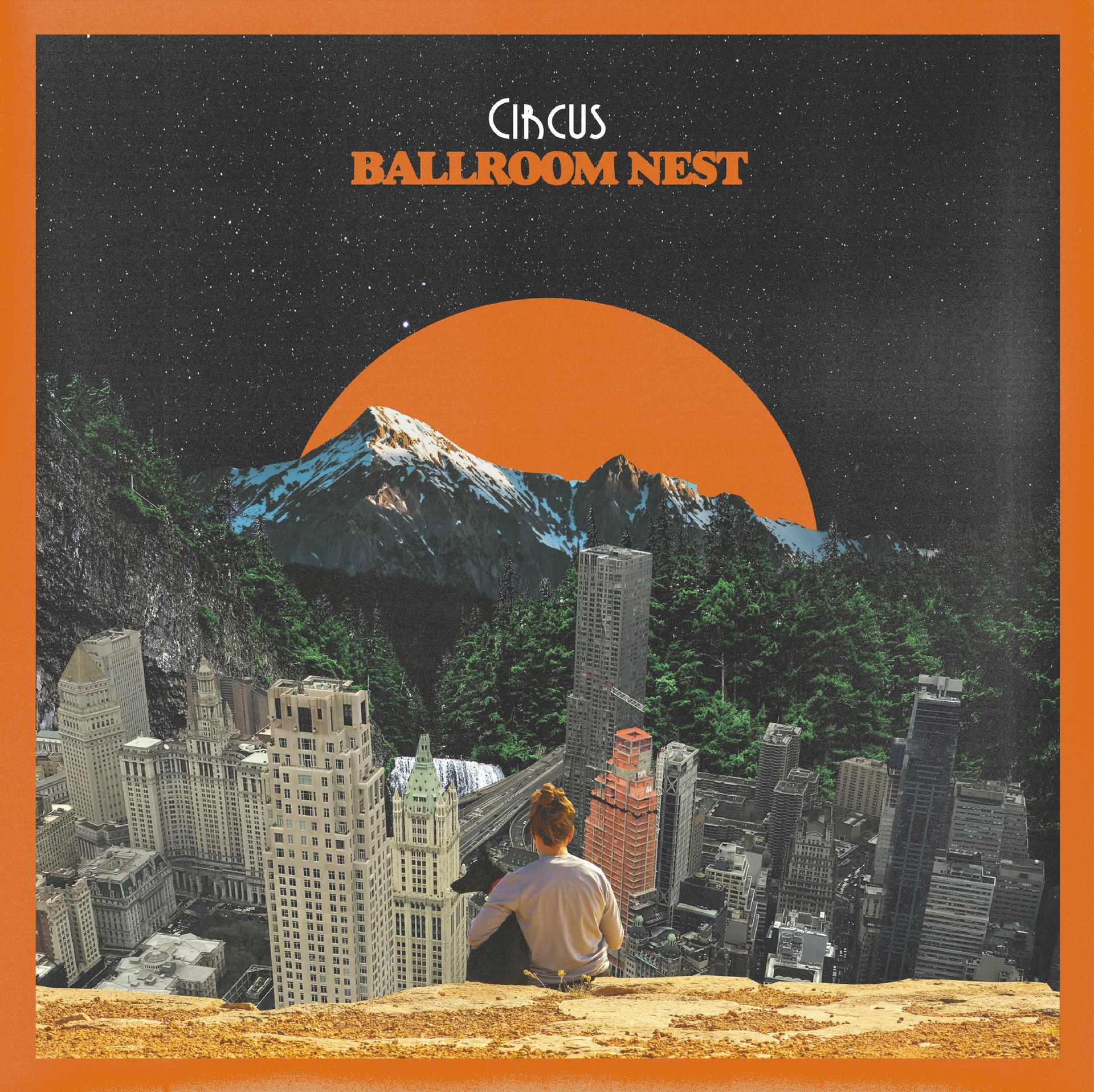 Vintage album cover showing a collage with a girl overlooking a city, mountains and space