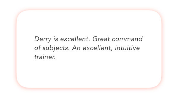 Derry is excellent. Great command of subjects. An excellent, intuitive trainer.