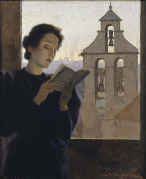 A woman reading a book by a window, with a bell tower visible outside
