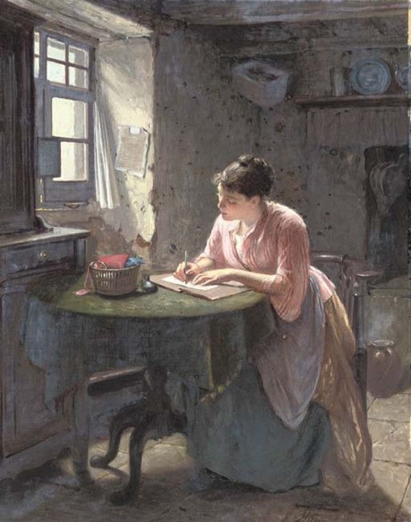 A woman writing a letter at a table in a cottage interior