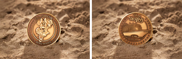 Both sides of the keel coin that has been embeded in the Disney Destiny