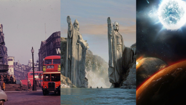 Threefold image featuring 1. red buses in London; 2. a scene from Lord of The Rings; and 3. a space scene