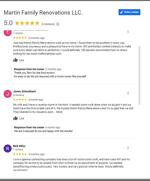 Five star review from google for Martin Family Renovation LLC