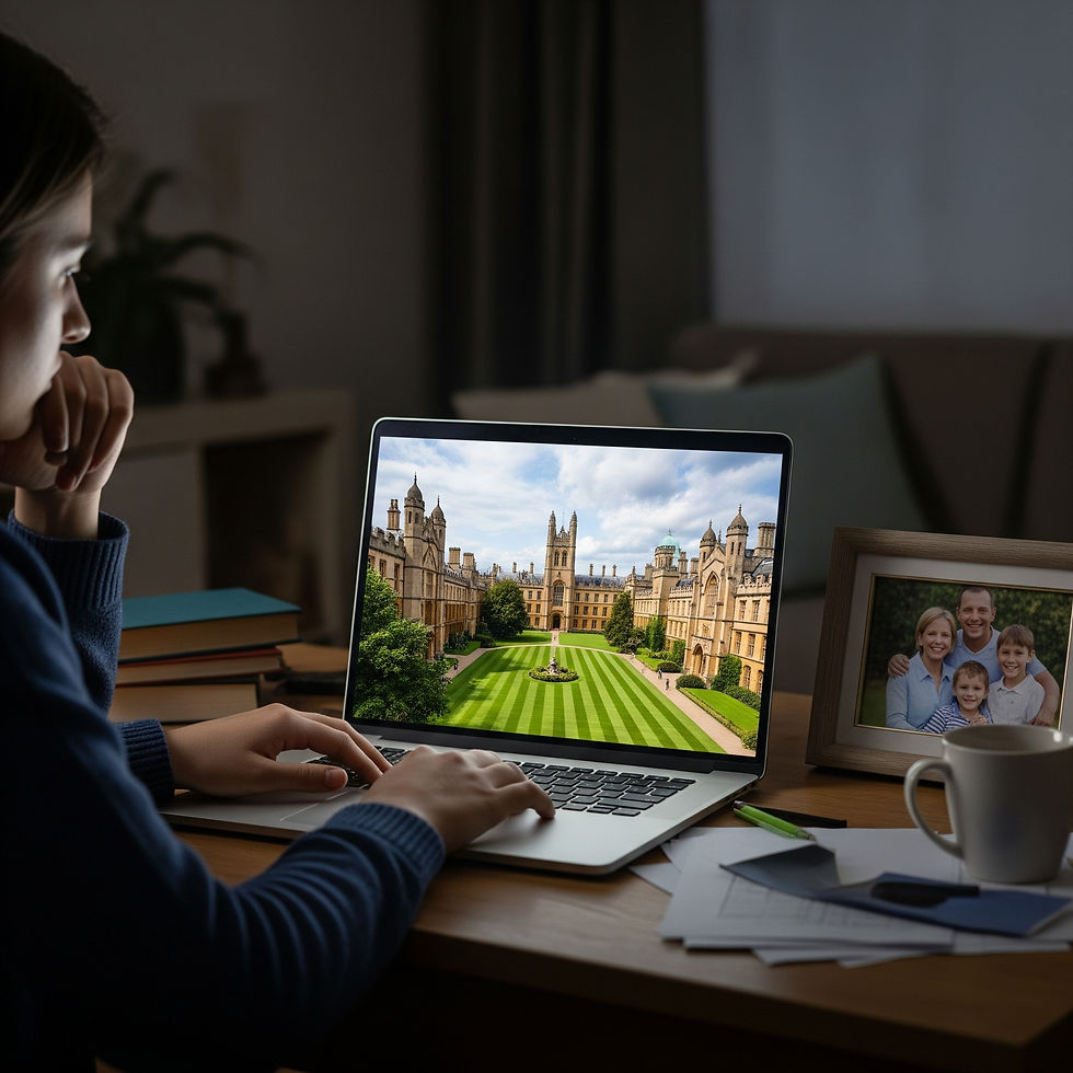 A pensive individual looking at a UK university on a laptop screen, with a framed photo of their family sitting on the desk next to them, creating a sense of a difficult decision.