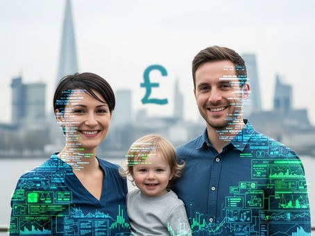 A family of three (mother, father, and young child) stands smiling in the foreground. Their bodies are overlaid with transparent data charts and graphs, representing financial and legal data. In the background, a soft-focus London skyline with landmarks like the Shard and the London Eye is visible, along with a prominent British pound symbol.