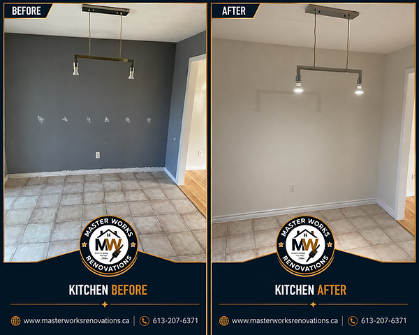 Before and after detail photos of kitchen renovation. Tenant turnover. Smoking damage restoration.