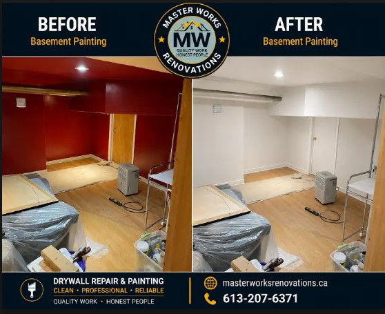 Before and after detail photo of basement restoration featuring drywall repair, installation, and professional finish.