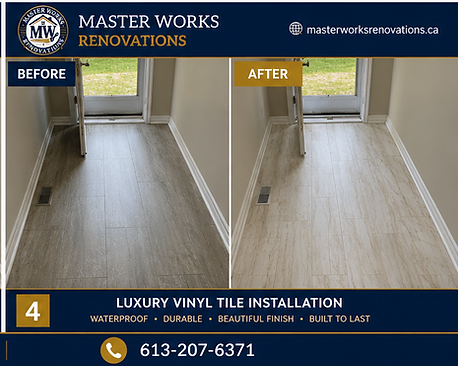 Before and after details photo of the final vinyl floor installation and floor renovation.