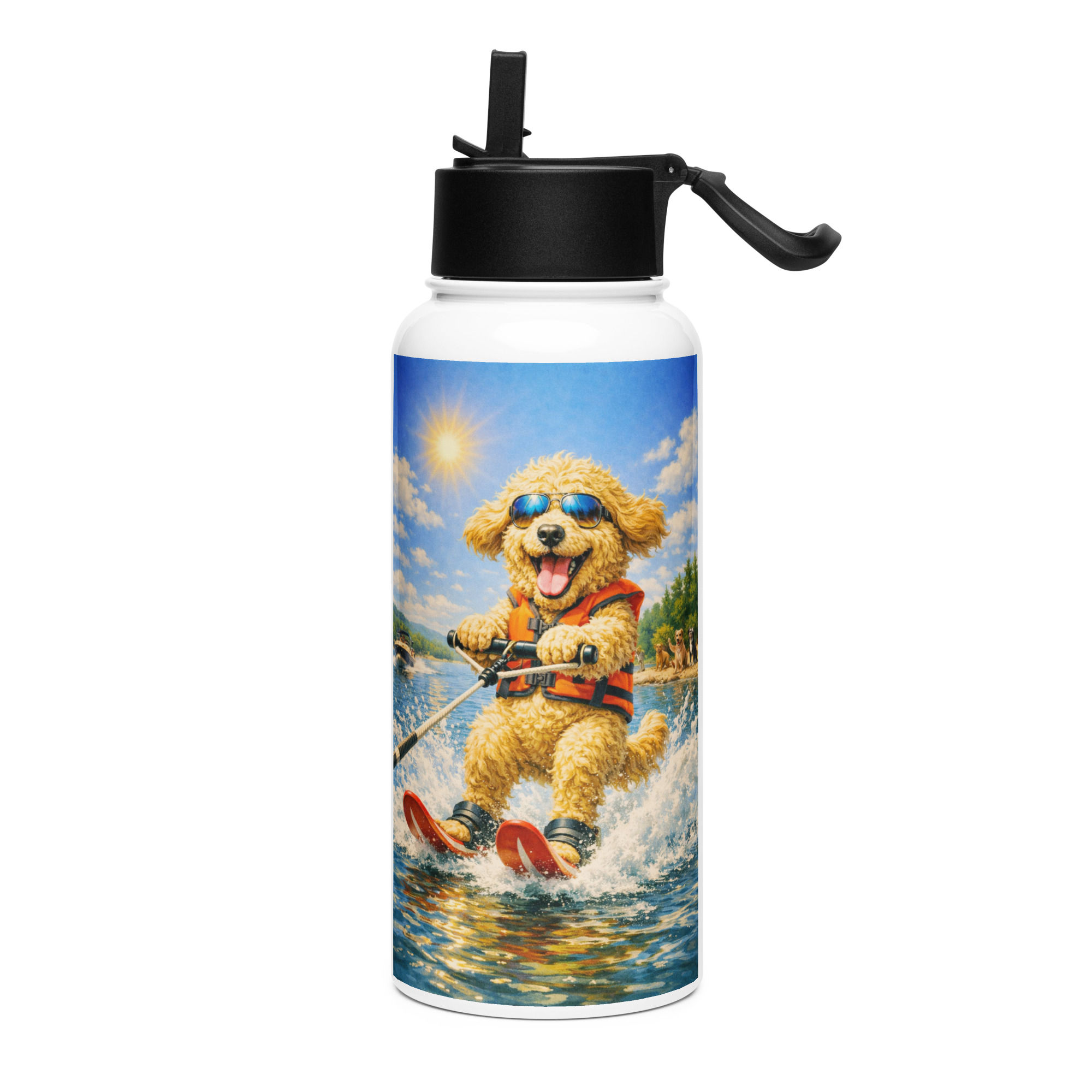Goldendoodle - Waterskiing - Stainless Steel Water Bottle with a Straw Lid
