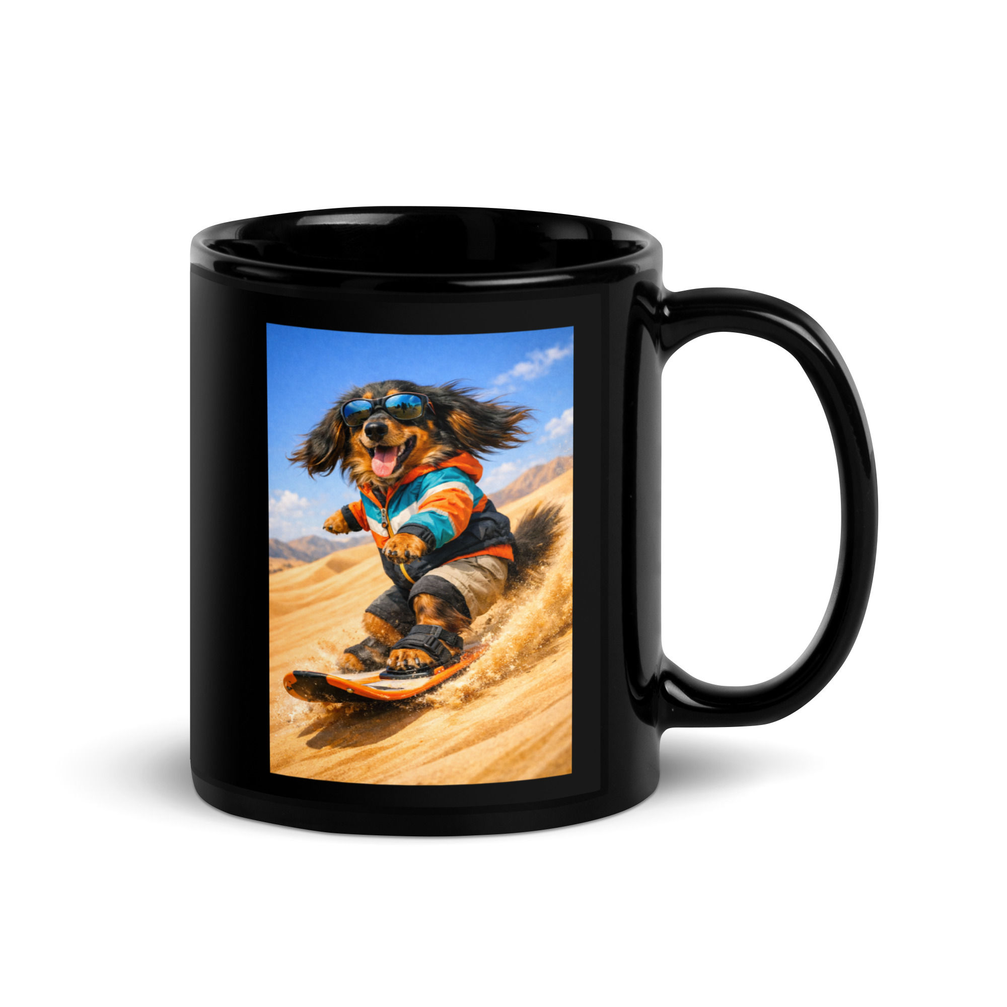 Dachshund - Sandboarding - Black Glossy Mug