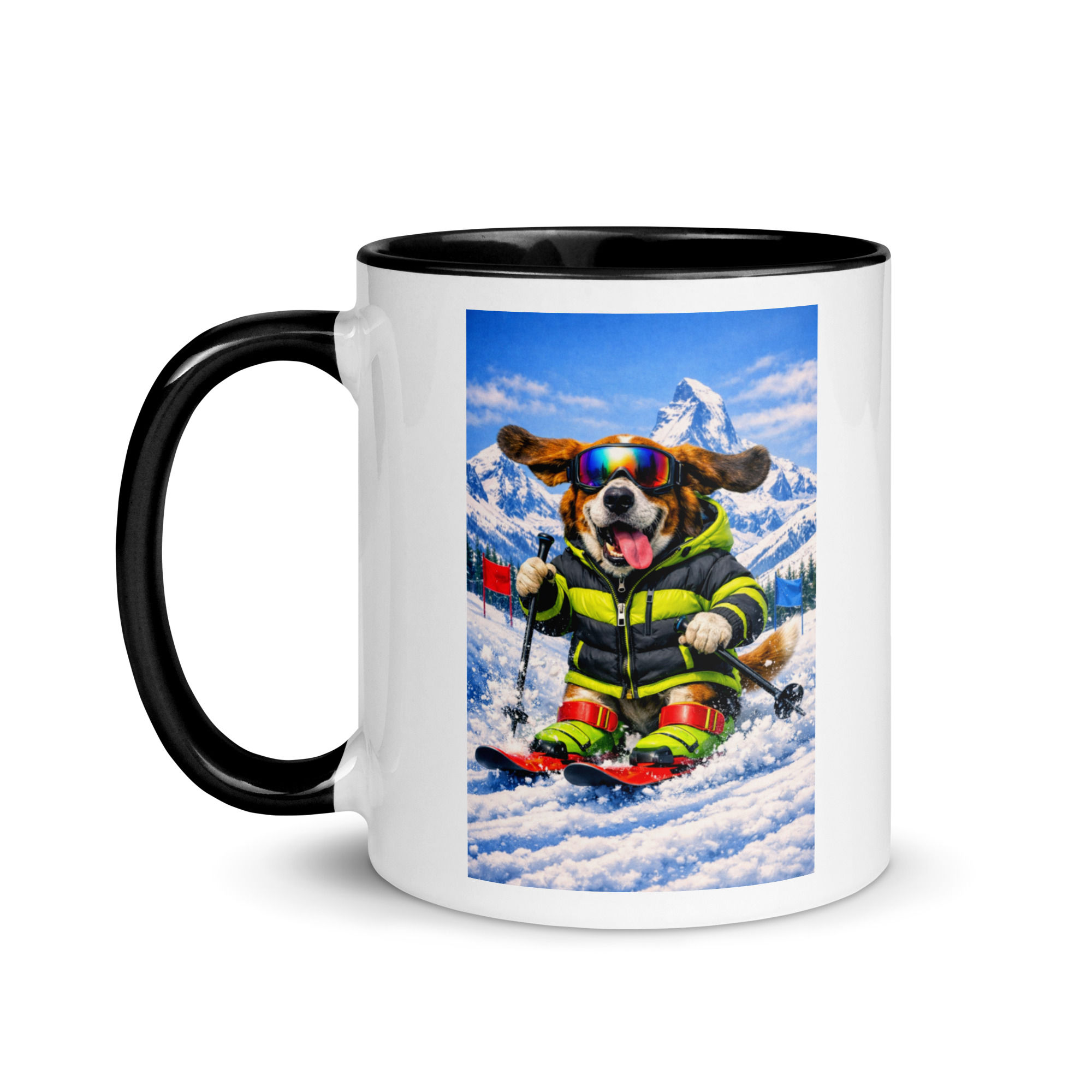 Basset Hound - Alpine Skiing - White Ceramic Mug with Color Inside