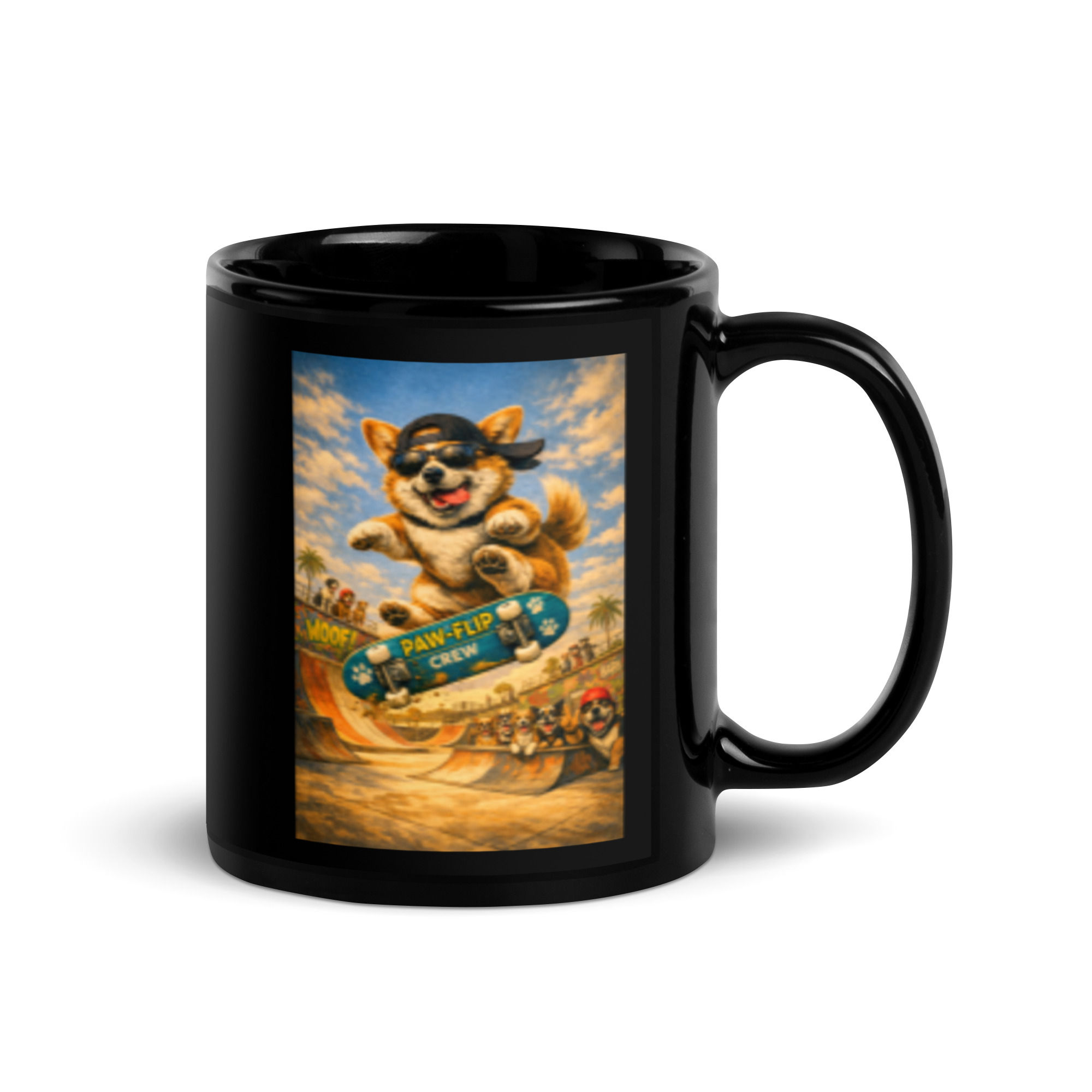 Corgi - Skateboarding - Black Glossy Mug