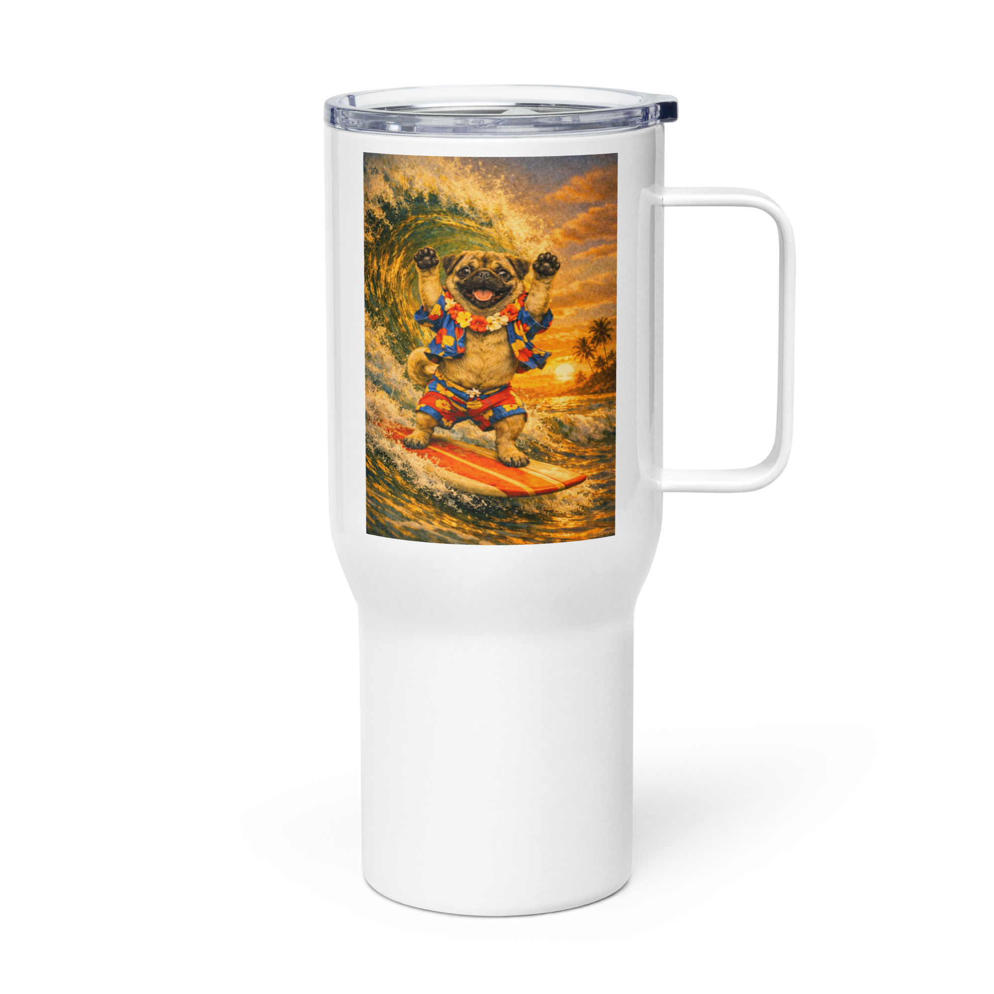 Pug - Surfing - Travel Mug with a Handle