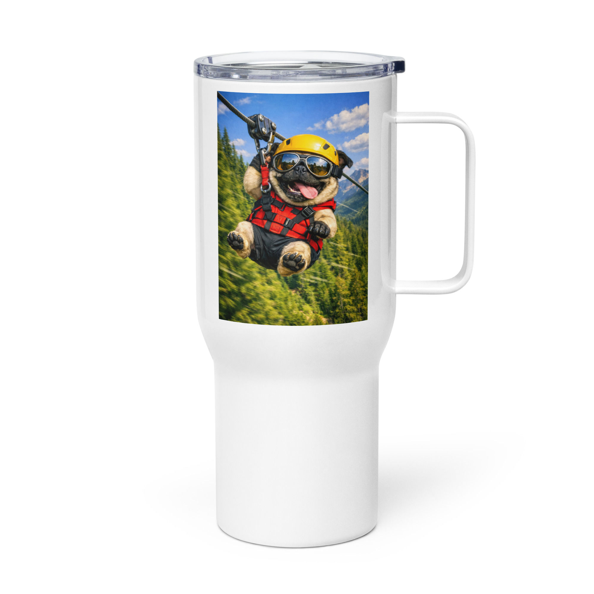Pug - Ziplining - Travel Mug with a Handle