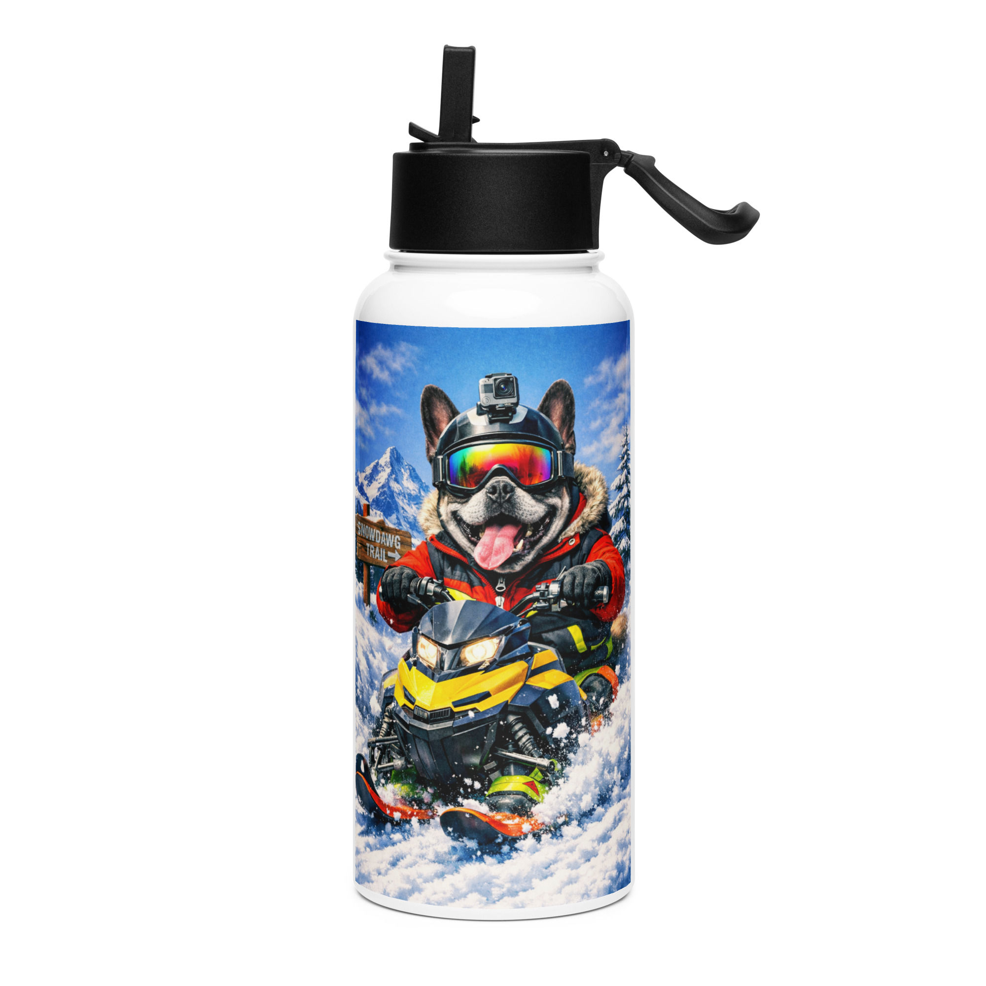 French Bulldog - Snowmobiling - Stainless Steel Water Bottle with a Straw Lid