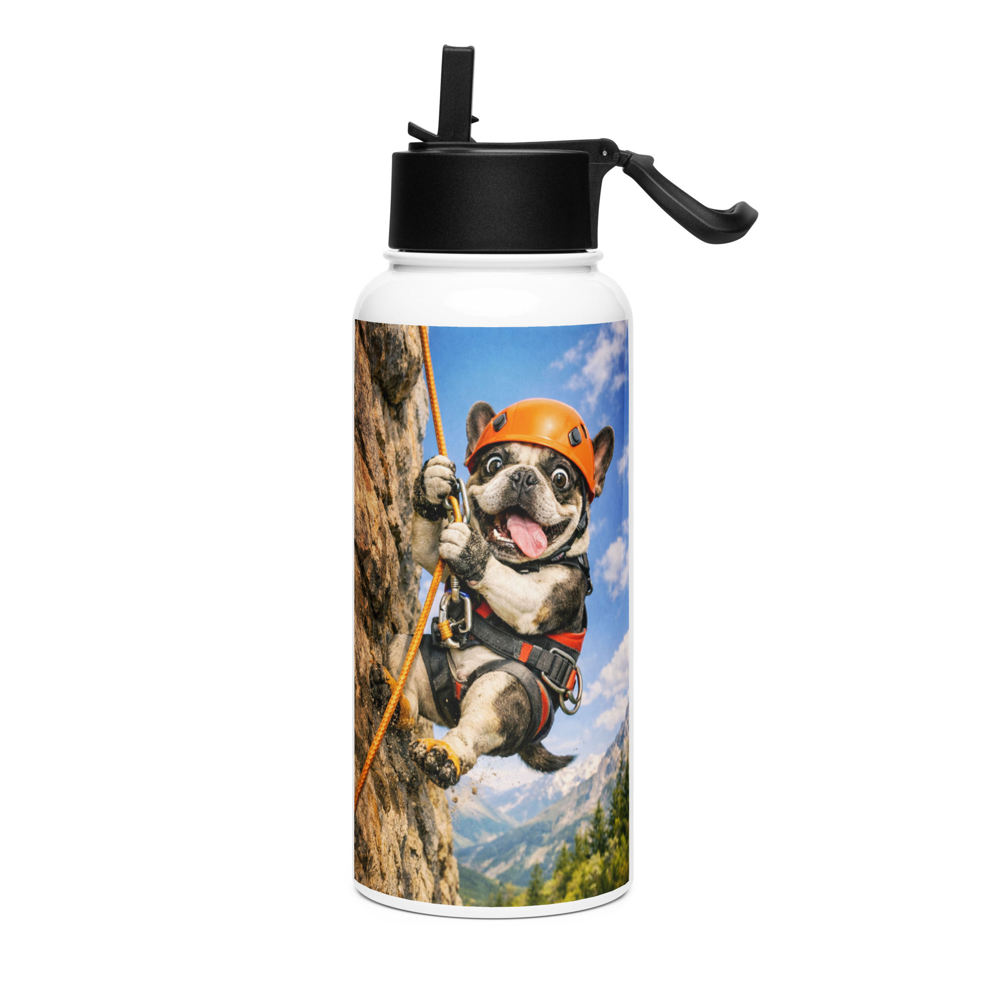 French Bulldog - Abseiling - Stainless Steel Water Bottle with a Straw Lid