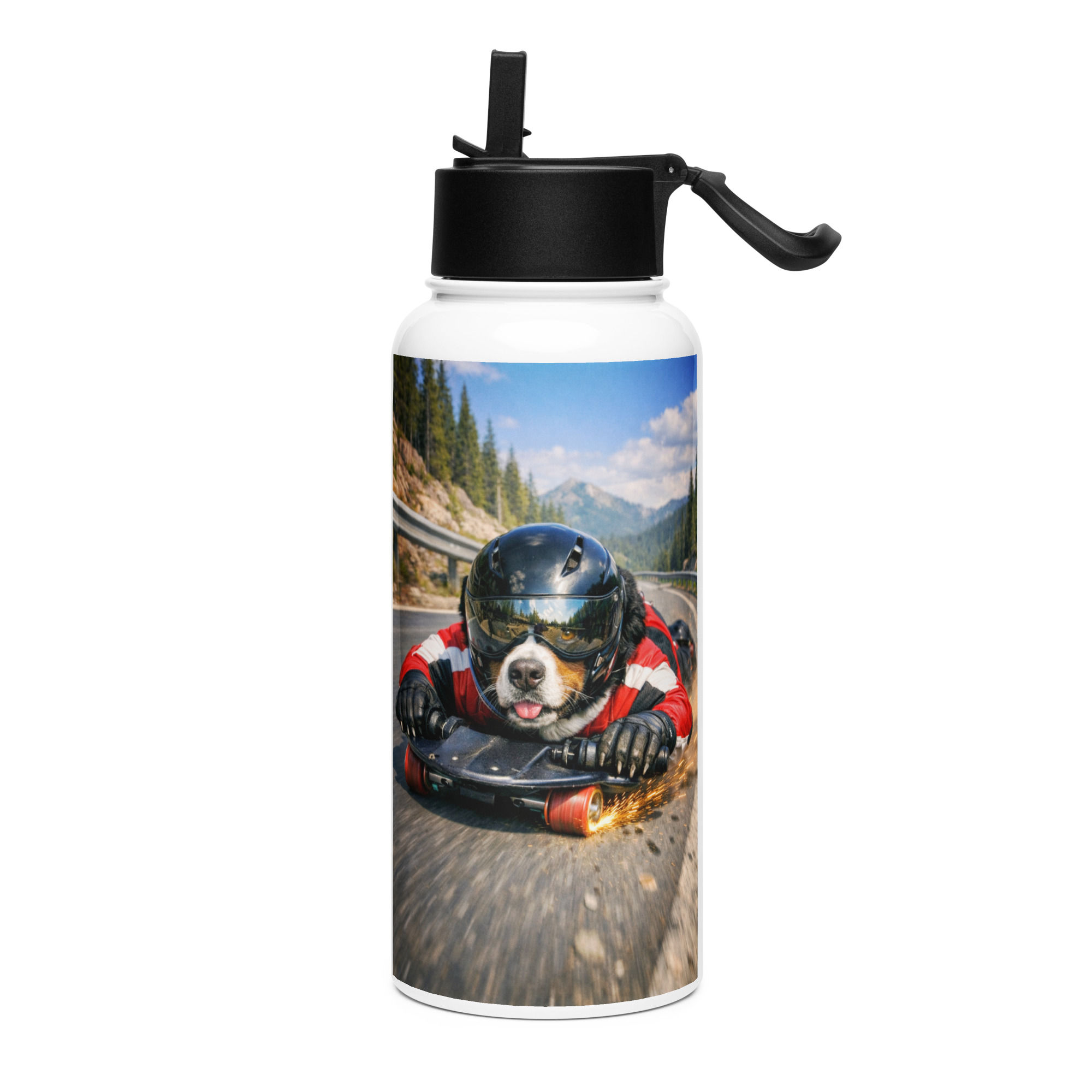 Bernese Mountain Dog - Street Luge Rider - Stainless Steel Water Bottle w/ Straw