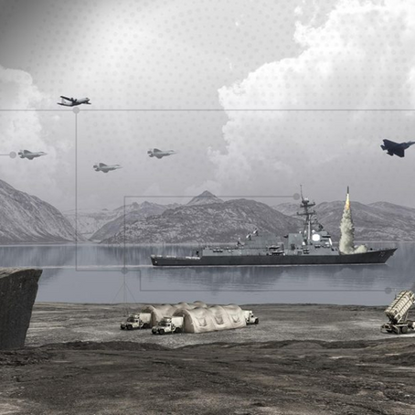 Sistema de defensa costera con misiles antibuque, drones y radares desplegados sobre un mapa del Atlántico Sur y Tierra del Fuego