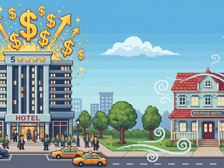 Pixel art banner of a busy 5-star hotel with rising revenue symbols vs a quiet boutique hotel, illustrating the hotel paradox.