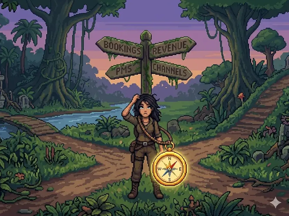 Pixel art of a woman lost in a jungle at a 4-way signpost with a glowing golden compass, symbolizing unused hotel PMS data.