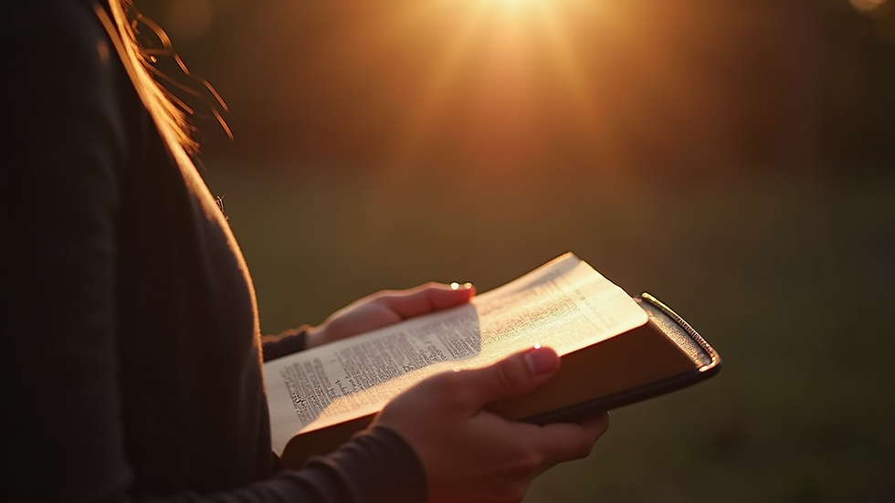 Close-up view of a person holding a Bible with a warm light background