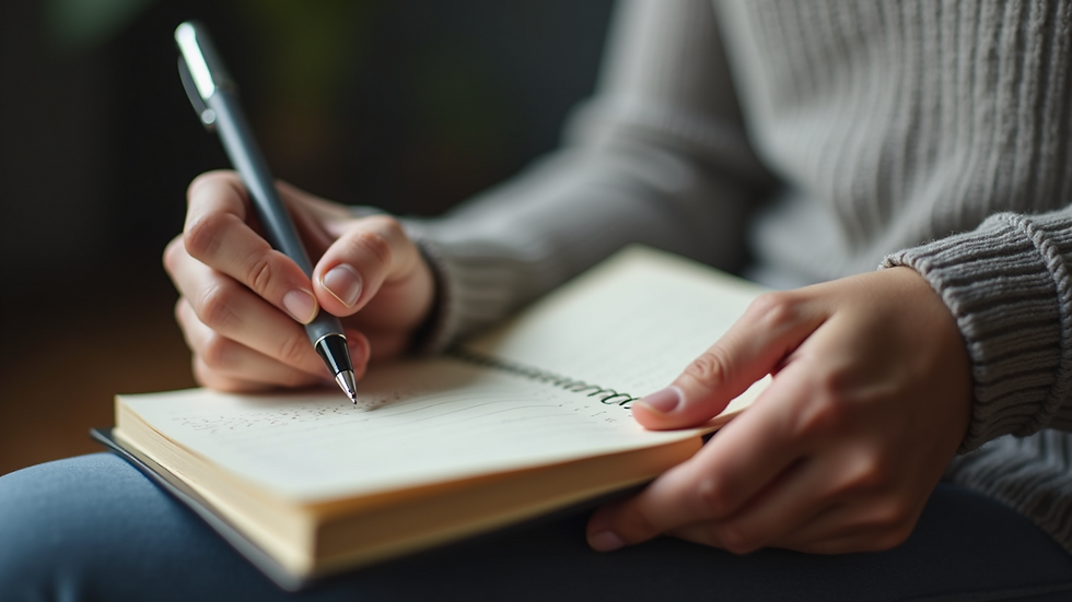 Close-up view of a person holding a journal and pen, symbolizing reflection and personal growth