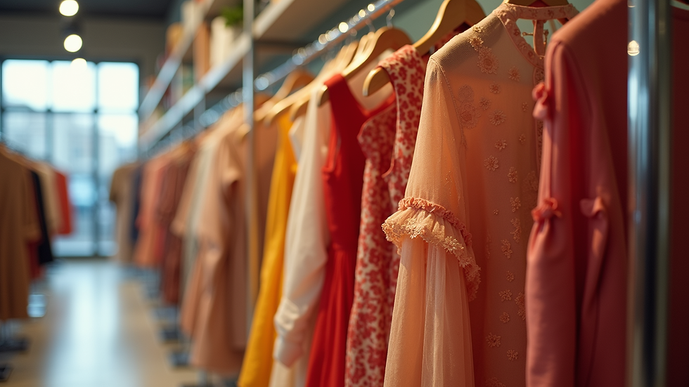 Eye-level view of a stylish clothing rack filled with colorful dresses