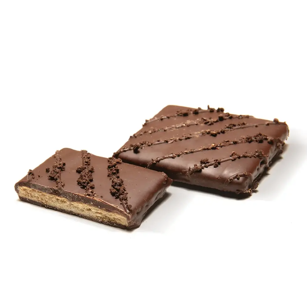 Two chocolate frosted dessert bars with chocolate sprinkles on a white backdrop.