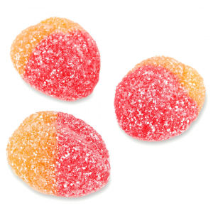 Three strawberry-peach gummy candies