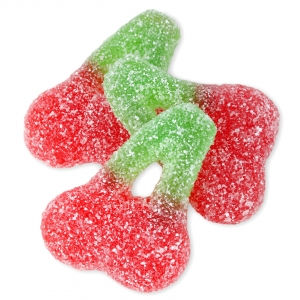 Sour cherry candies: red and green, sugary texture