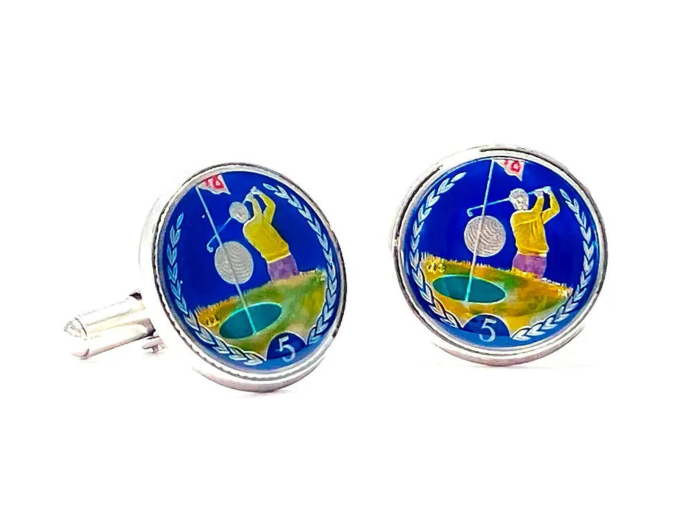 UK Isle Of Man coin cufflinks 5 pence golf player