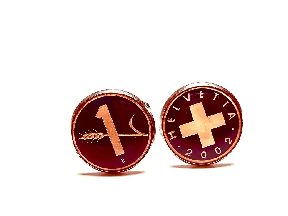 Miniatura: Switzerland coin cufflinks , 1 Rappen ,  Swiss cross,  Spike of wheat