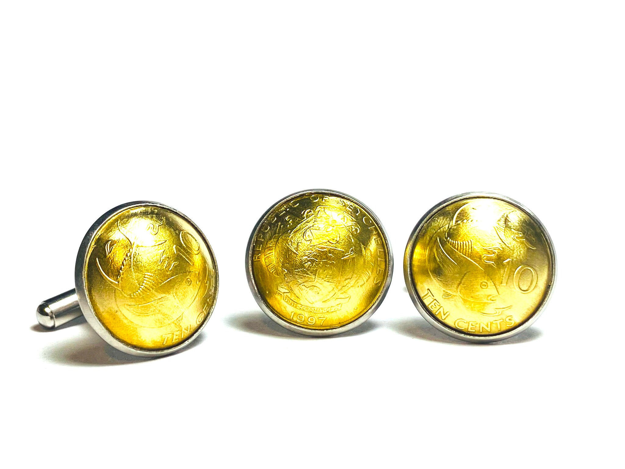 Domed Seychelles coin cufflinks 10 Cents Coat of arms yellowfish