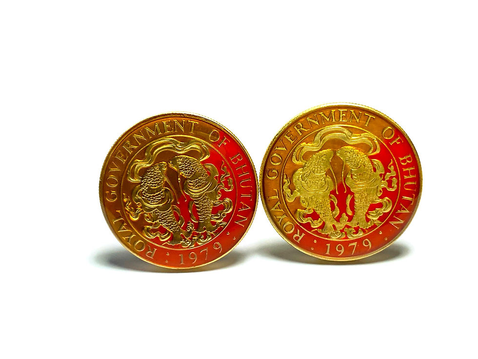 Thumbnail: Bhutan coin cufflink 25 Chhertum Golden fishes  Coat of Arms