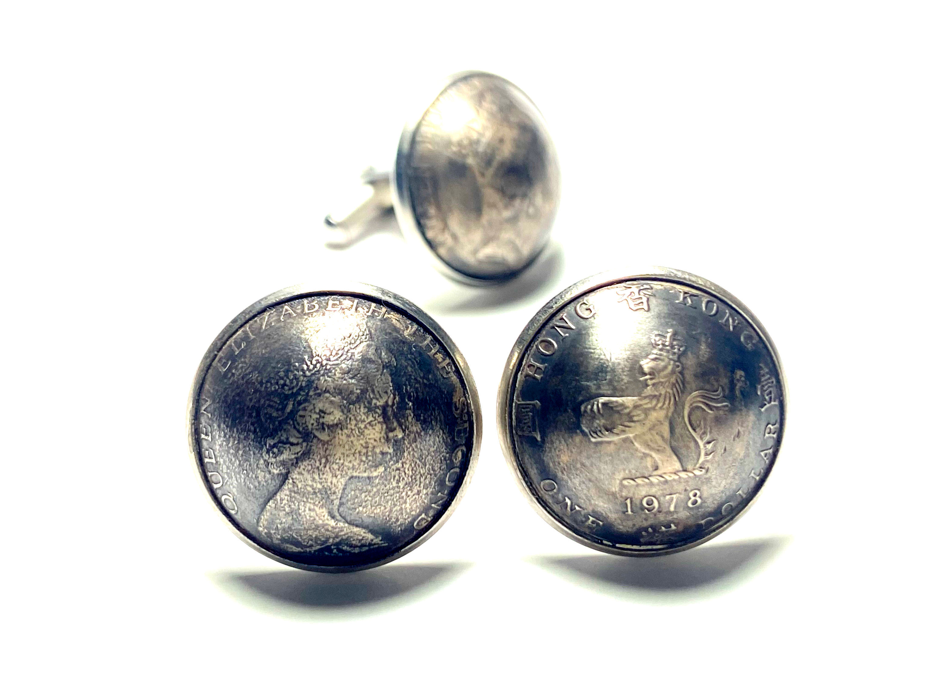 1978 - 1998 Domed coin cufflinks Hong Kong 1 dollar Elizabeth II