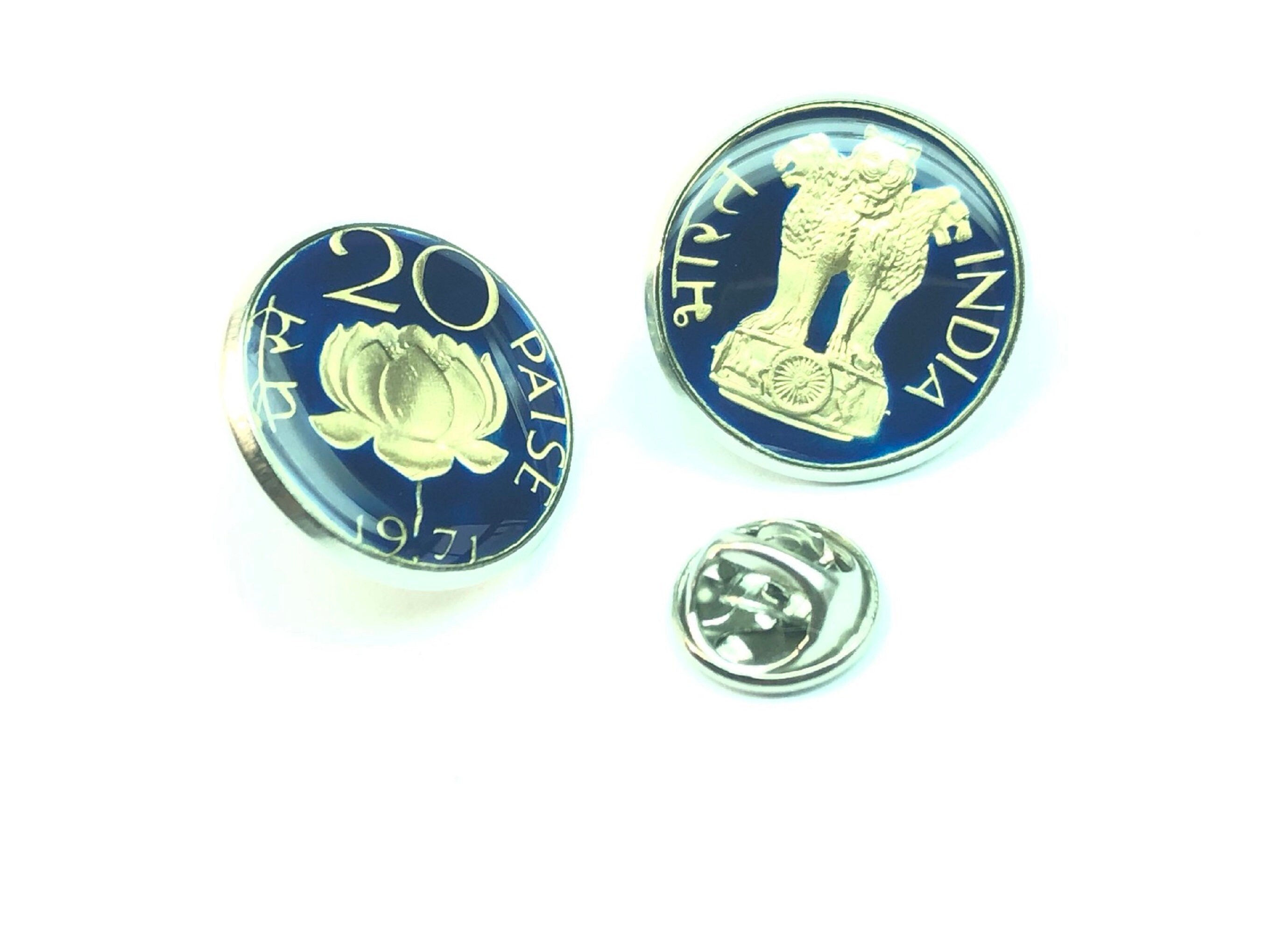 Brooch Pin India coin 20 Paise Ashoka lion lotus blossom tie tack tie pin