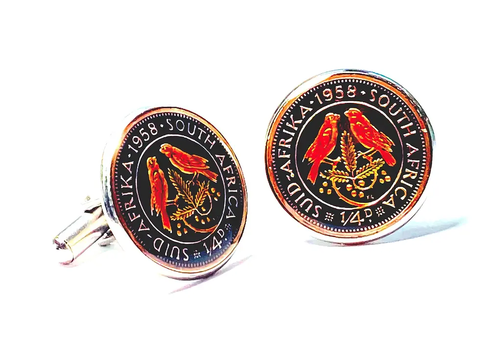 1958 South Africa coin cufflinks 1/4 penny farthing Cape Sparrows