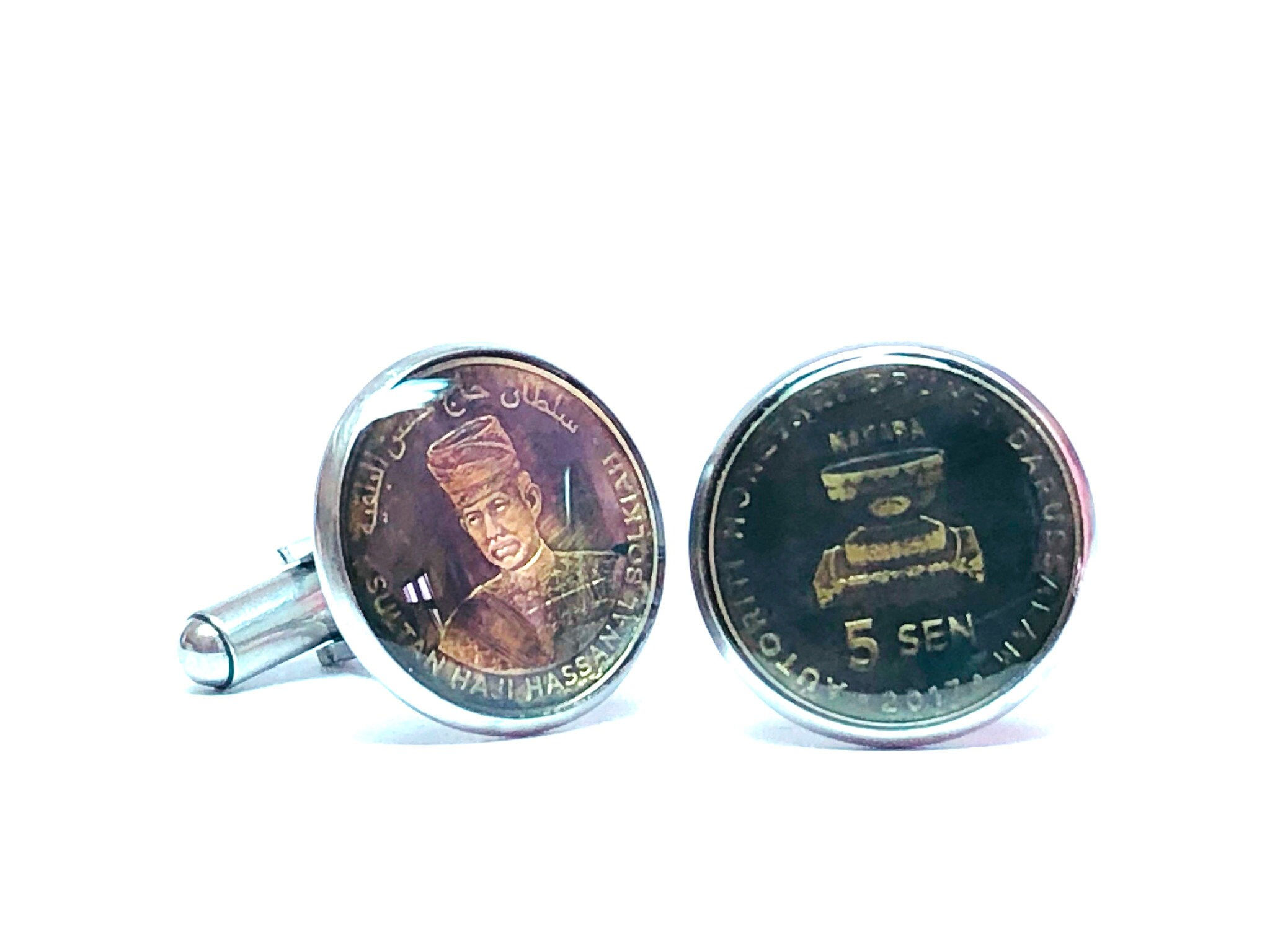 Brunei coin cufflinks 5 Sen Golden Jubilee Traditional Musical Drum