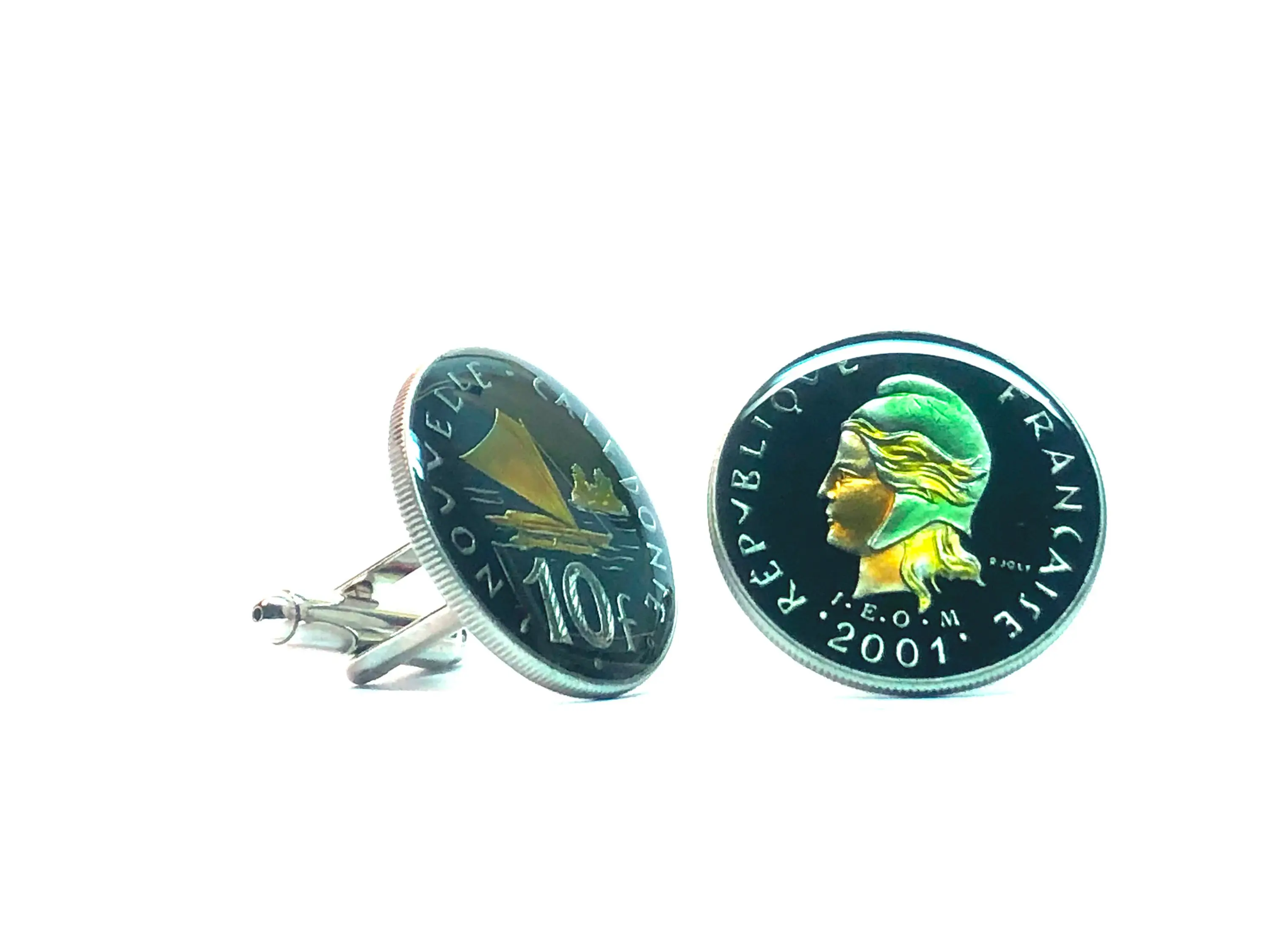 French New Caledonia coin cufflinks  10 Franc  Marianne Sailing boat
