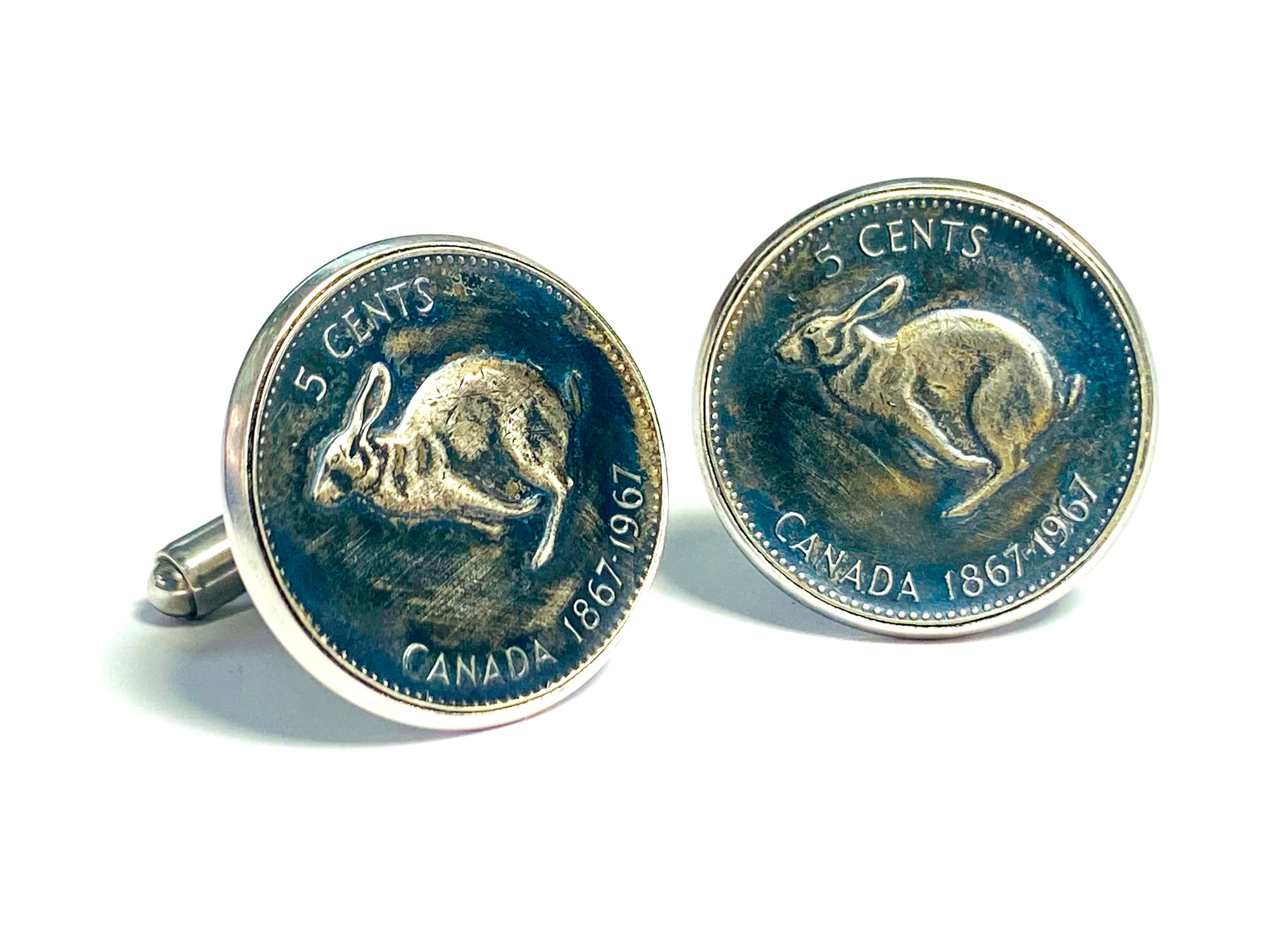 1967 Canada coin cufflinks 5 cents hopping rabit 100th Anniversary of Canada