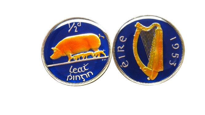 1928 - 1967 Ireland coin cufflinks ½ Pingin half penny Sow with Piglets