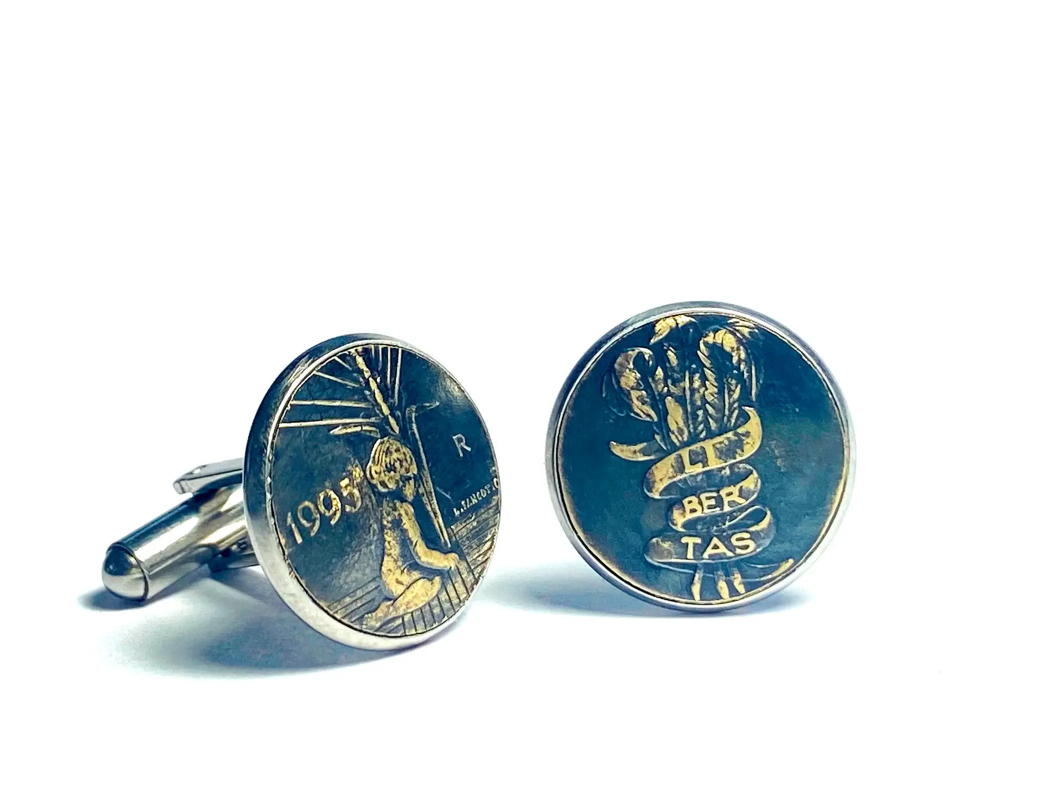 Cut coin cufflinks  cut from San Marino 500 Lire