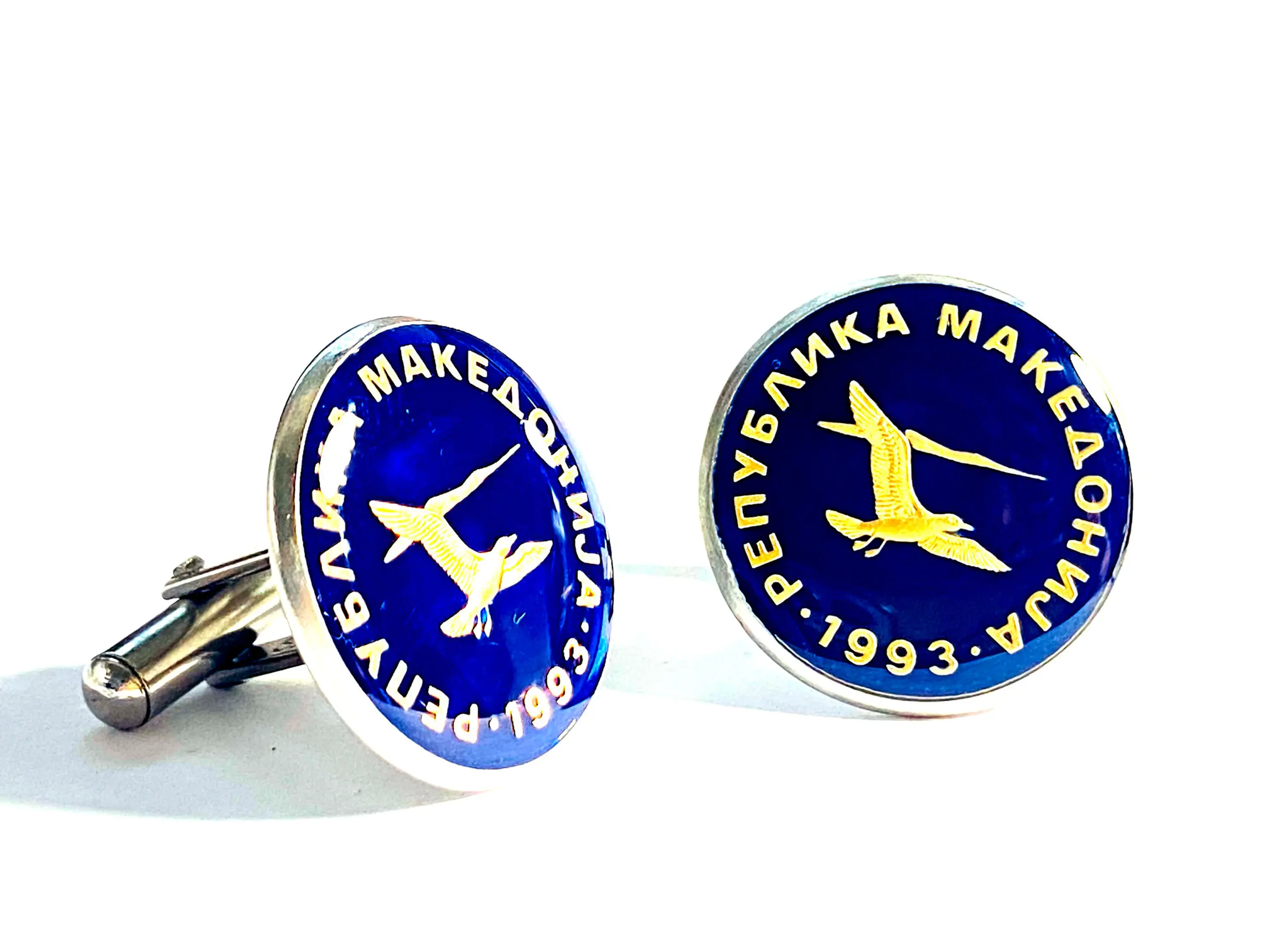 North Macedonia coin cufflinks 50 Deni  Black-headed gull