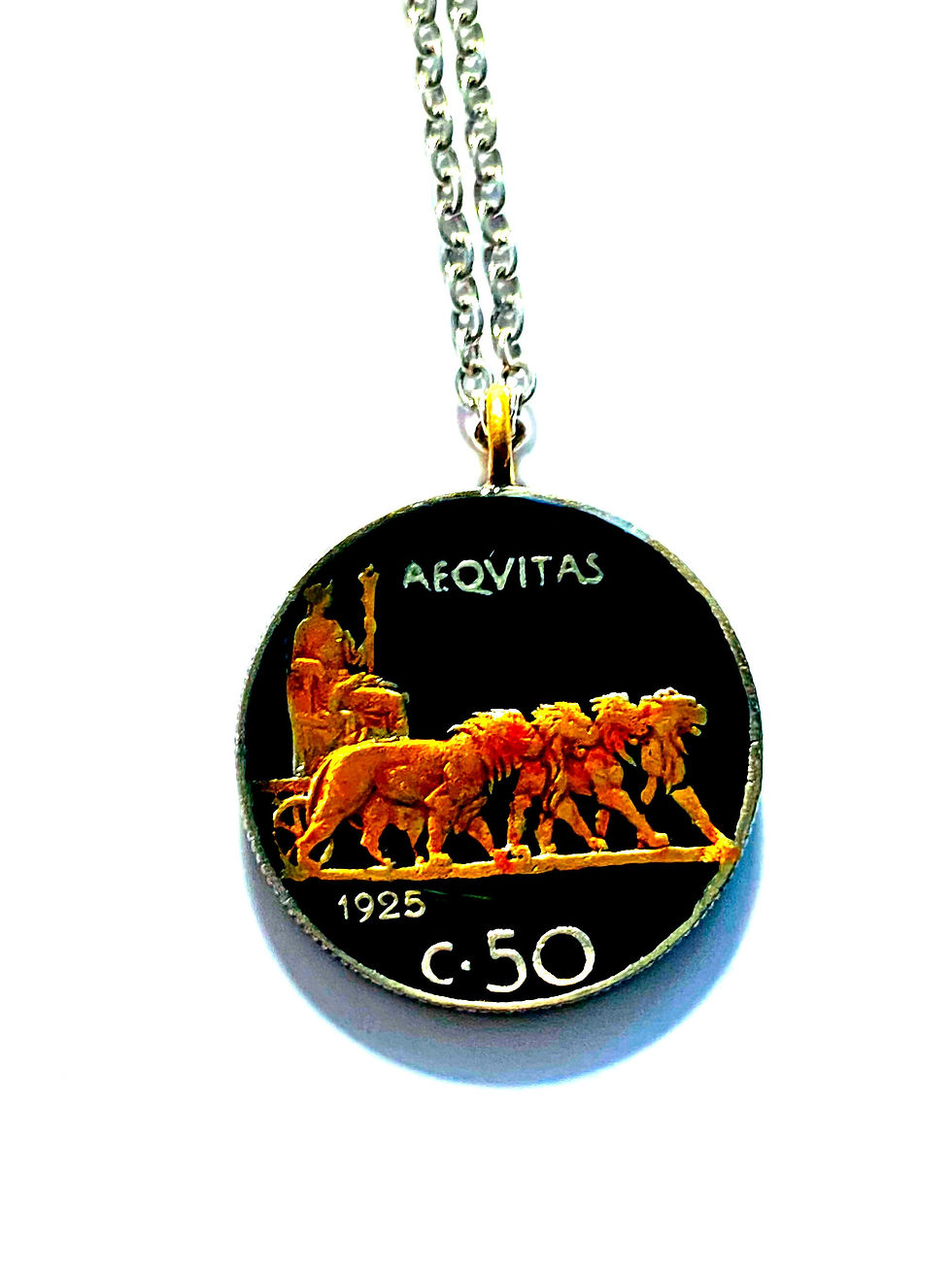 Pendant Necklace 1925 Italy coin , 50 Centesimi - Victor Emmanuel III , Female f