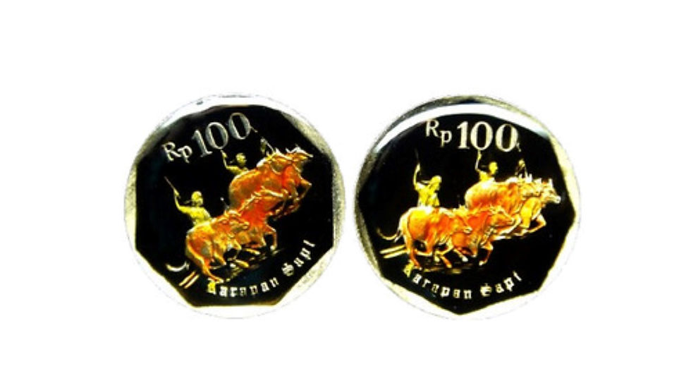 Indonesia coin cufflinks, 100 Rupiah , bull racing.