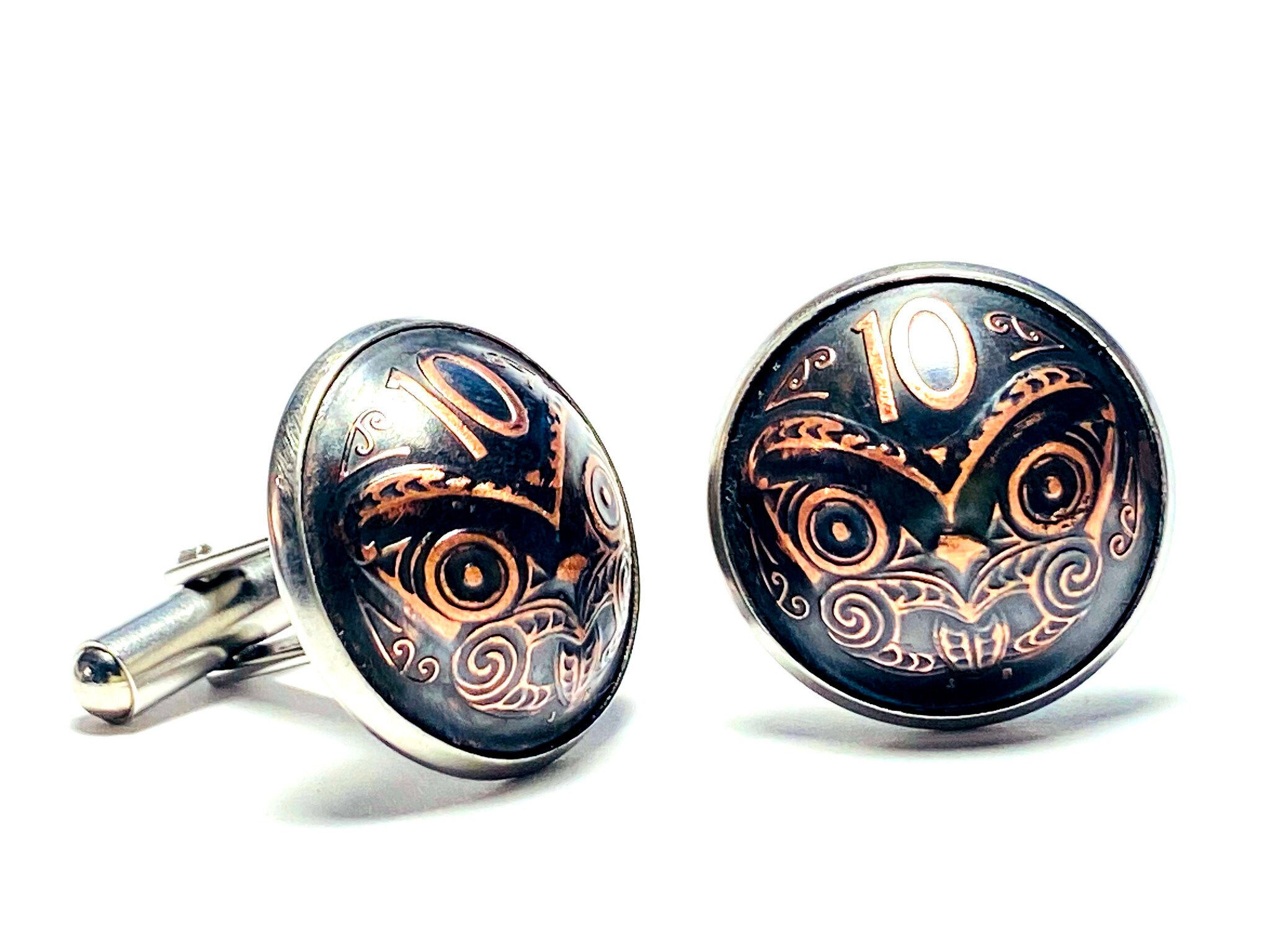 Domed New Zealand coin cufflinks 10 cents Maori Mask Koruru