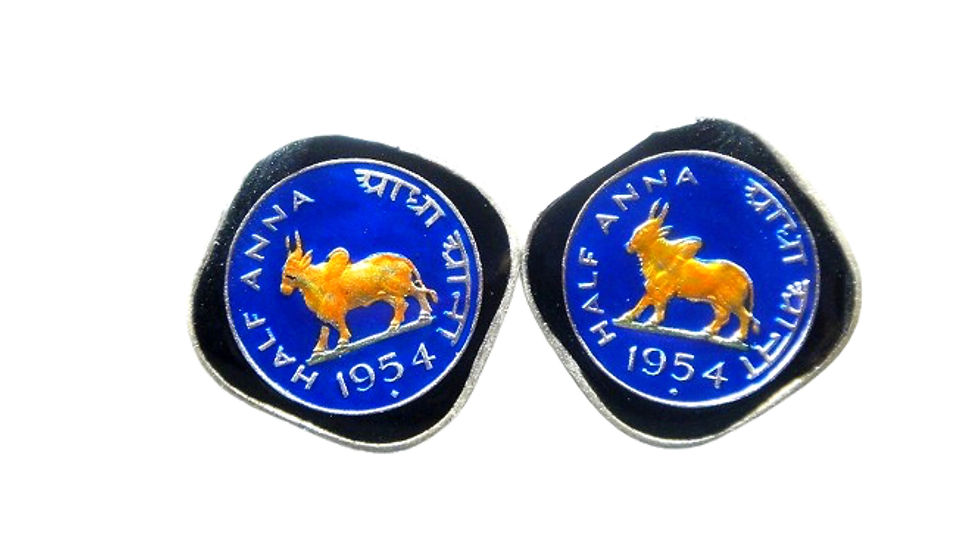 1954 India coin cufflinks Half Anna 1/2 Anna Zebu
